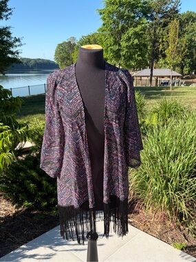 Y2K Wet Seal Fringe Kimono Cardigan Festival Boho Sheer Cover Up S/M